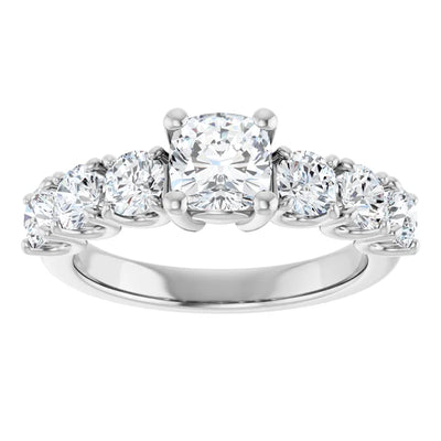 14K White Gold 6 7/8 CTW Cushion-Cut Diamond Ring with Graduated Side Stones