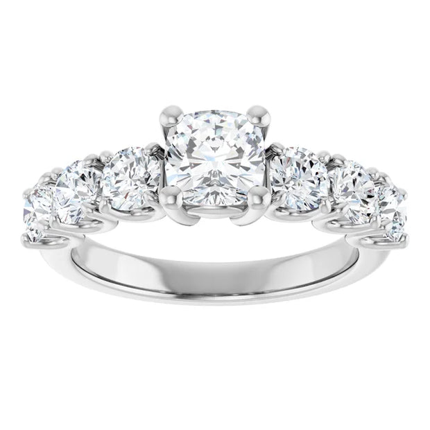 14K White Gold 6 7/8 CTW Cushion-Cut Diamond Ring with Graduated Side Stones