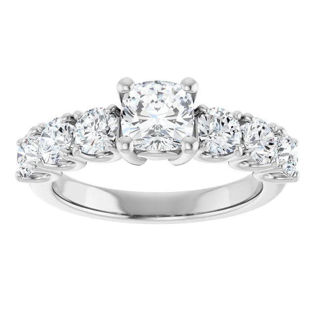 14K White Gold 6 7/8 CTW Cushion-Cut Diamond Ring with Graduated Side Stones