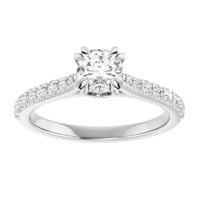 14K White Gold 9/10 CTW Round Diamond Engagement Ring with Pavé Band
