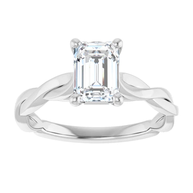 14k White Gold 1 1/4 CT Emerald-Cut Diamond Ring with Twisted Band Design