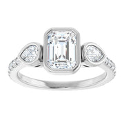 14k White Gold 1 3/4 CTW Bezel-Set Emerald-Cut Diamond Ring with Pear Accents and Pave Band