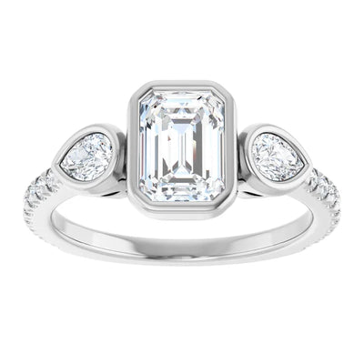 14k White Gold 1 3/4 CTW Bezel-Set Emerald-Cut Diamond Ring with Pear Accents and Pave Band
