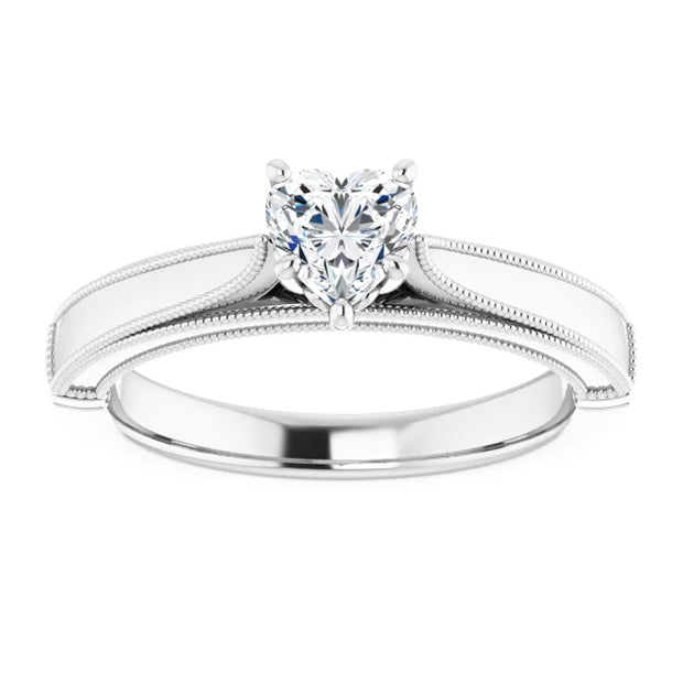 14K White Gold Milgrain Diamond Ring with 1/2 CT Heart-Shaped Center in a 5-Prong Setting