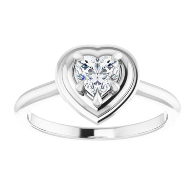 14K White Gold Heart Diamond Halo Ring Featuring a 1/2 CT Stone in a Framed 5-Prong Mount
