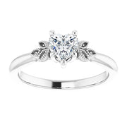 14K White Gold 1/2 CT Heart Diamond Ring with Milgrain Leaf Accents and 6-Prong Setting