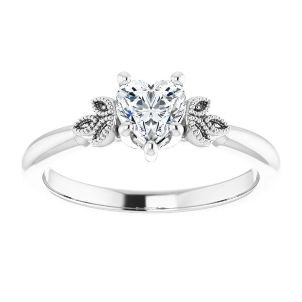 14K White Gold 1/2 CT Heart Diamond Ring with Milgrain Leaf Accents and 6-Prong Setting