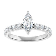14K White Gold 1 CTW Marquise Diamond Ring with Tapered Pavé Band