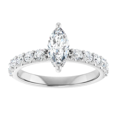 14K White Gold 1 CTW Marquise Diamond Ring with Tapered Pavé Band