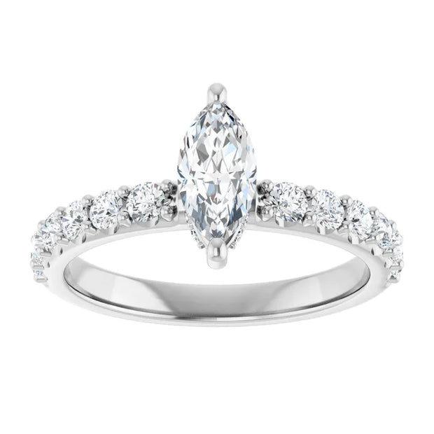 14K White Gold 1 CTW Marquise Diamond Ring with Tapered Pavé Band