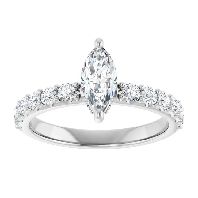 14K White Gold 1 CTW Marquise Diamond Ring with Tapered Pavé Band