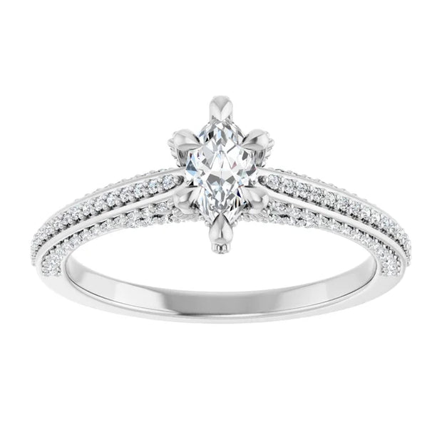 14K White Gold 5/8 CTW Marquise Diamond Ring with Double Row Pavé Band