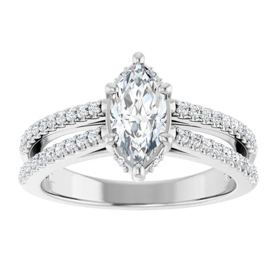 14K White Gold 7/8 CTW Marquise Diamond Ring with Double Pavé Split Shank