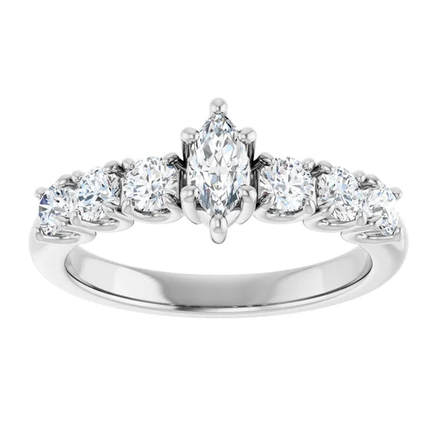 14K White Gold 3/4 CTW Marquise Diamond Ring with Graduated Round Accents