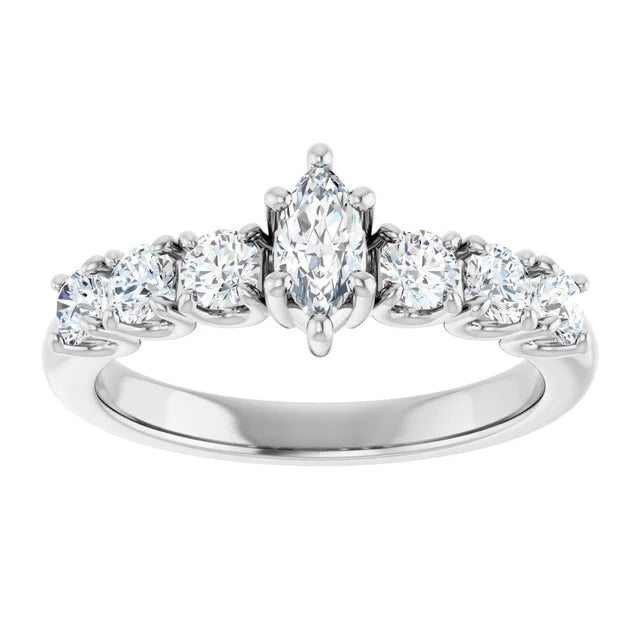 14K White Gold 3/4 CTW Marquise Diamond Ring with Graduated Round Accents