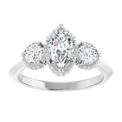 14K White Gold 1 1/5 CTW Marquise and Round Diamond Three-Stone Engagement Ring