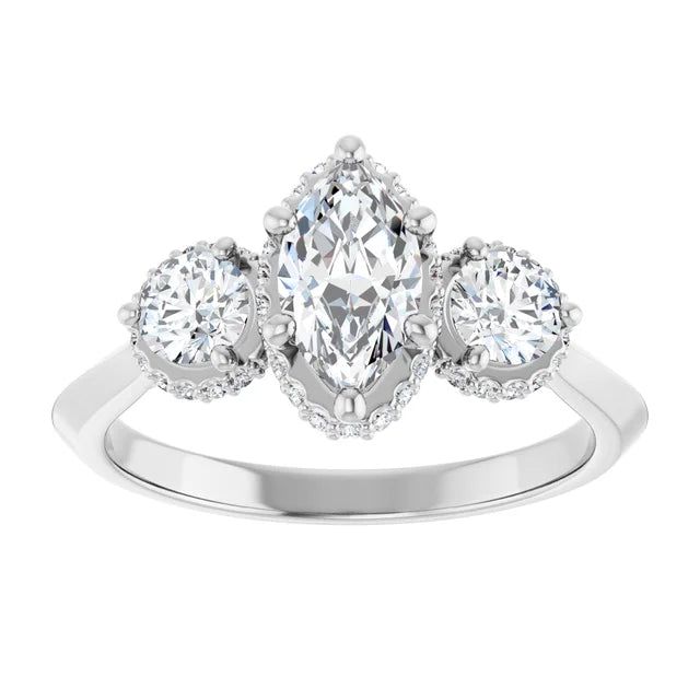 14K White Gold 1 1/5 CTW Marquise and Round Diamond Three-Stone Engagement Ring