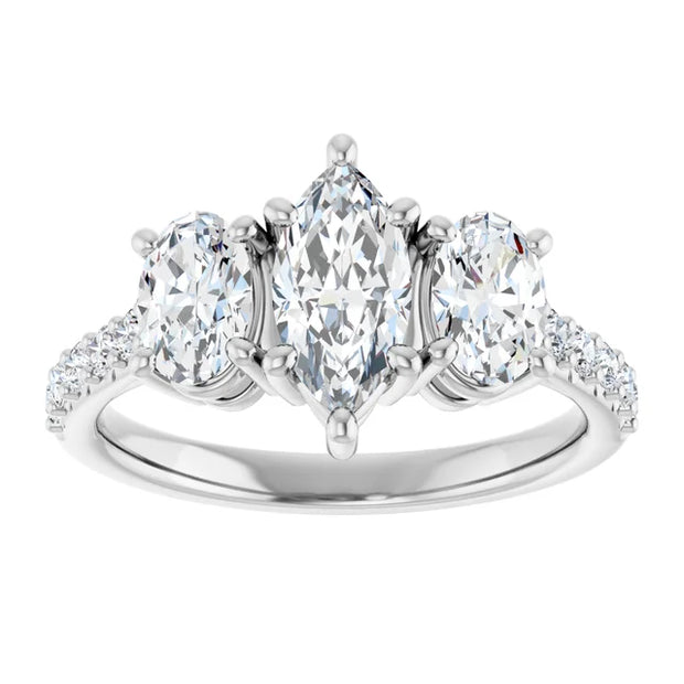 14K White Gold 1 3/4 CTW Marquise and Oval Diamond Three-Stone Engagement Ring