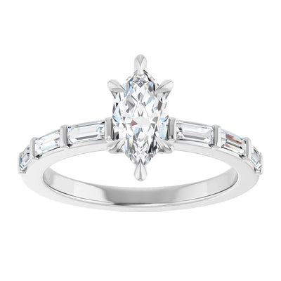 14K White Gold 1 CTW Marquise and Baguette Diamond Engagement Ring