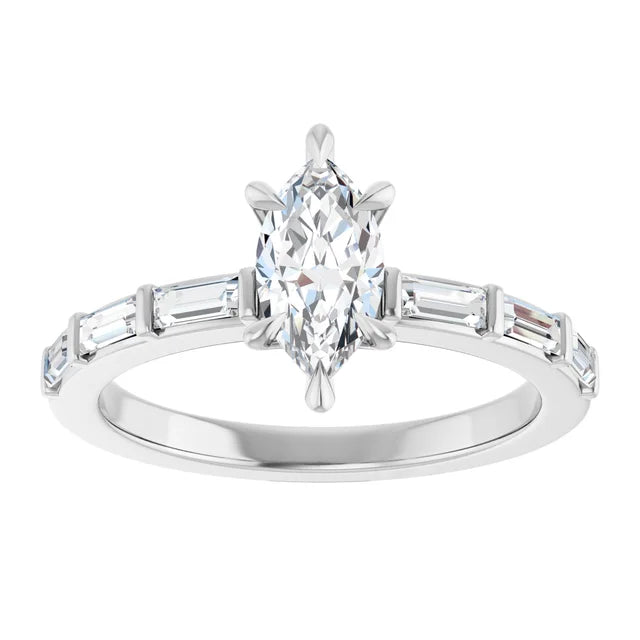 14K White Gold 1 CTW Marquise and Baguette Diamond Engagement Ring