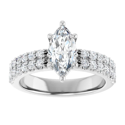 14K White Gold 1 1/2 CTW Marquise Diamond Engagement Ring with Double Row Pavé Band