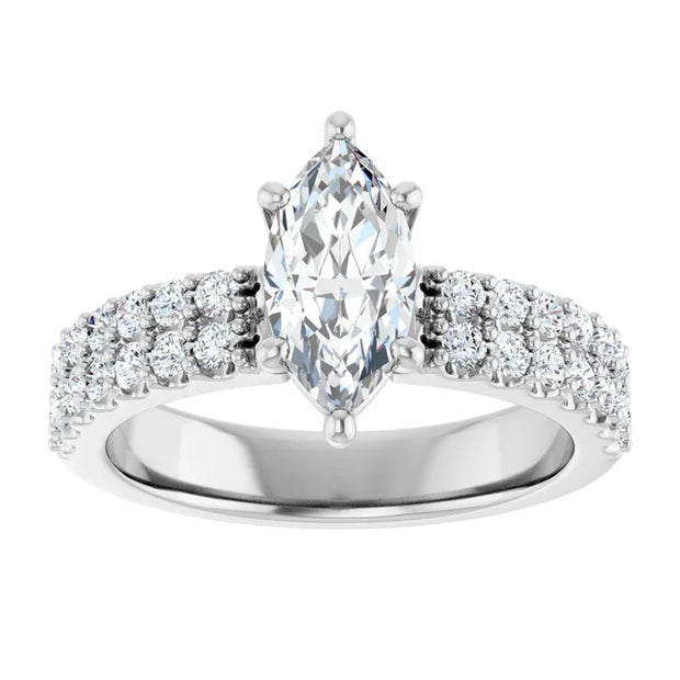 14K White Gold 1 1/2 CTW Marquise Diamond Engagement Ring with Double Row Pavé Band