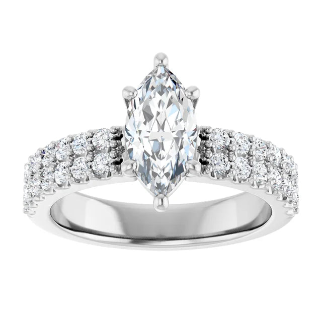 14K White Gold 1 1/2 CTW Marquise Diamond Engagement Ring with Double Row Pavé Band