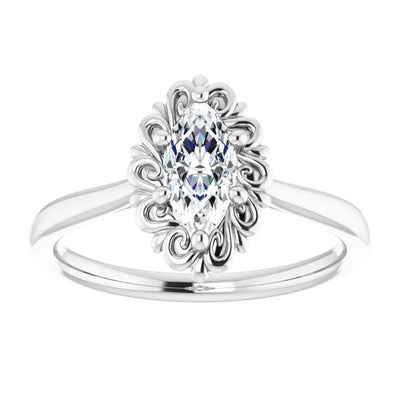 14K White Gold 1/2 CTW Marquise Diamond Engagement Ring with Vintage-Inspired Filigree Halo