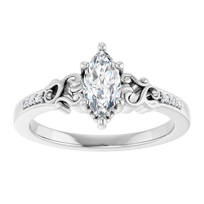 14K White Gold 1/2 CTW Marquise Diamond Engagement Ring with Vintage Scroll Accents