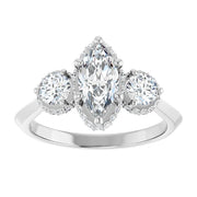 14K White Gold 1 1/3 CTW Marquise and Round Diamond Halo Trio Ring