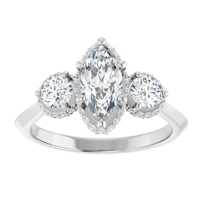 14K White Gold 1 1/3 CTW Marquise and Round Diamond Halo Trio Ring