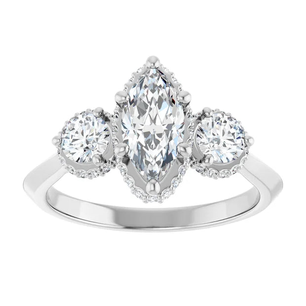 14K White Gold 1 1/3 CTW Marquise and Round Diamond Halo Trio Ring