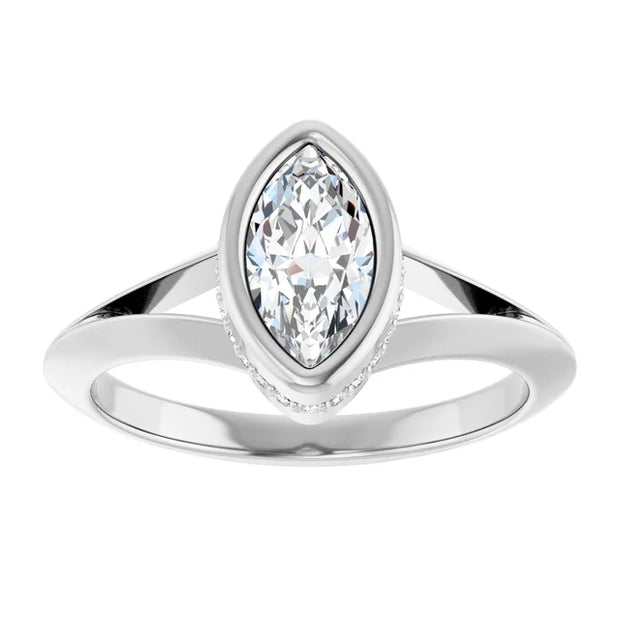 14K White Gold 5/8 CTW Bezel-Set Marquise Diamond Ring with Hidden Pavé Detail
