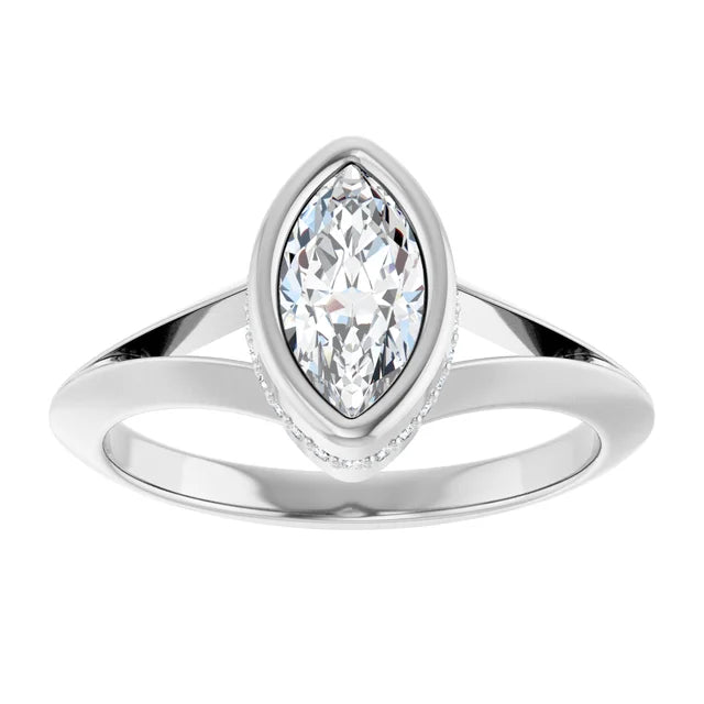 14K White Gold 5/8 CTW Bezel-Set Marquise Diamond Ring with Hidden Pavé Detail