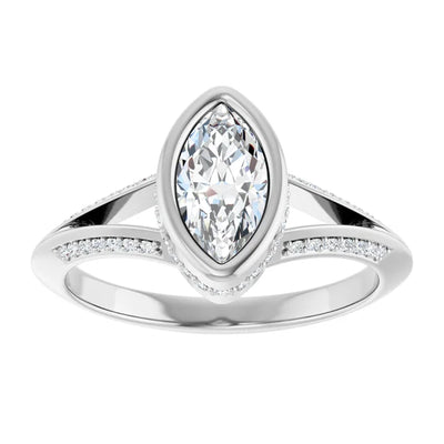 14K White Gold 3/4 CTW Marquise Bezel Diamond Ring with Split Pavé Band