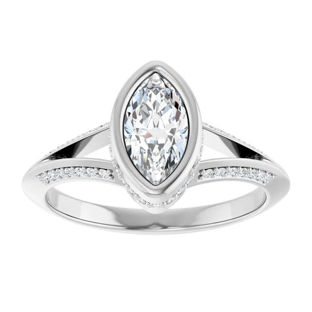 14K White Gold 3/4 CTW Marquise Bezel Diamond Ring with Split Pavé Band