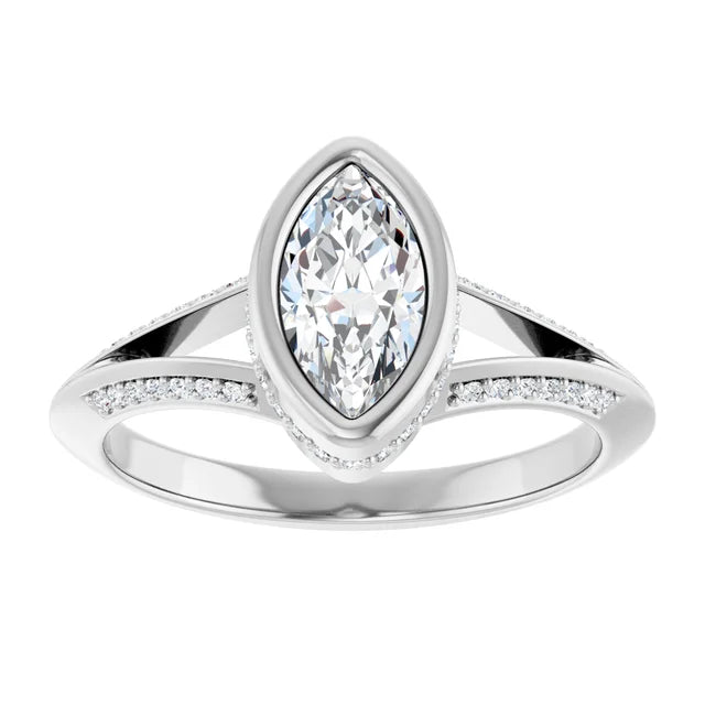 14K White Gold 3/4 CTW Marquise Bezel Diamond Ring with Split Pavé Band