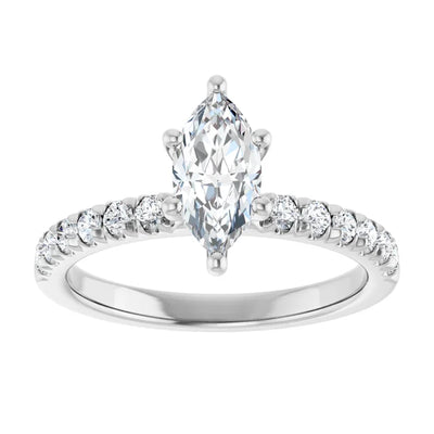 14K White Gold 1 CTW Marquise Diamond Ring with Pavé Band