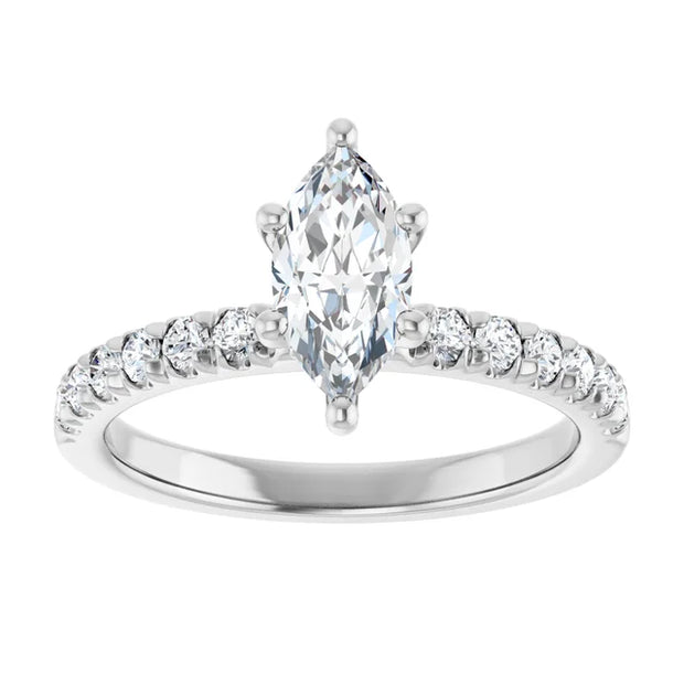 14K White Gold 1 CTW Marquise Diamond Ring with Pavé Band