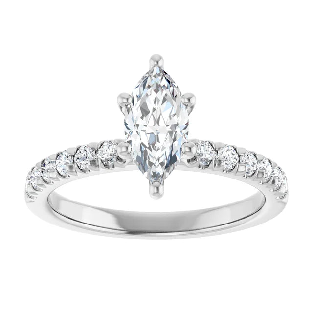 14K White Gold 1 CTW Marquise Diamond Ring with Pavé Band