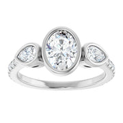 14K White Gold Bezel-Set Oval and Pear Three-Stone Ring with 7/8 CT Center and 1/2 CTW Diamonds