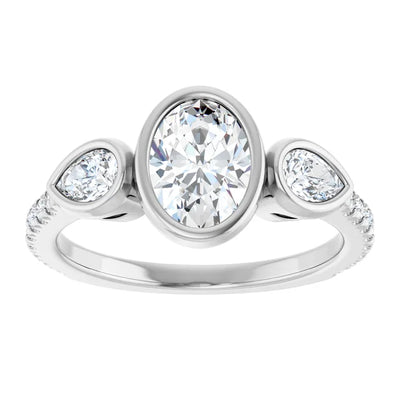 14K White Gold Bezel-Set Oval and Pear Three-Stone Ring with 7/8 CT Center and 1/2 CTW Diamonds