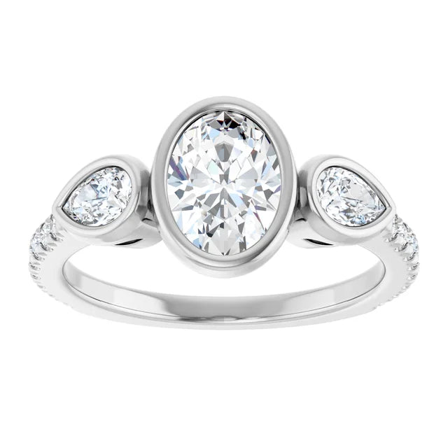 14K White Gold Bezel-Set Oval and Pear Three-Stone Ring with 7/8 CT Center and 1/2 CTW Diamonds