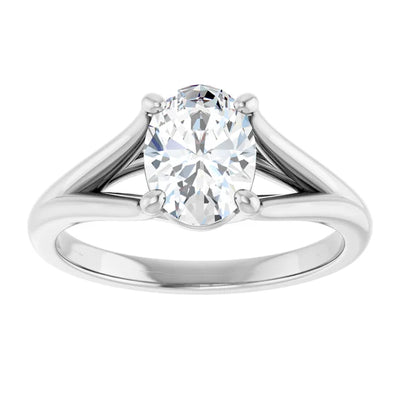 14K White Gold Split Shank Oval Engagement Ring with 1 CT Center and Claw Prong Setting