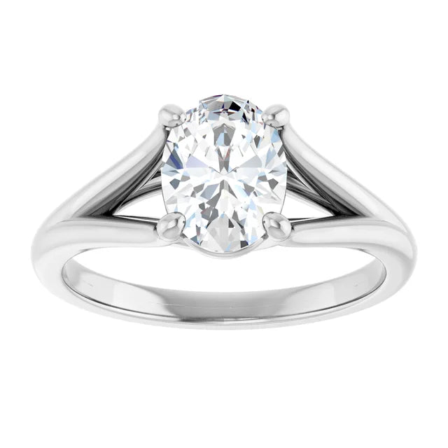 14K White Gold Split Shank Oval Engagement Ring with 1 CT Center and Claw Prong Setting