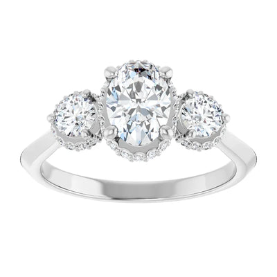 14K White Gold Three-Stone Ring with 3/4 CT Oval Center and 1 1/6 CTW Diamonds