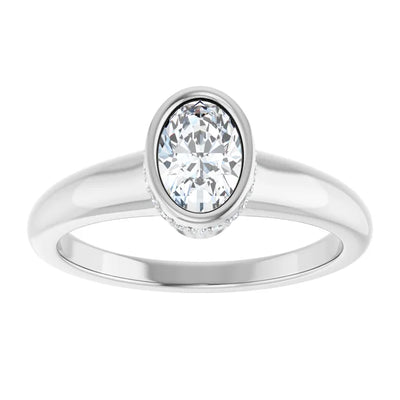 14K White Gold Bezel Set Oval Engagement Ring with 1/2 CT Center Diamond