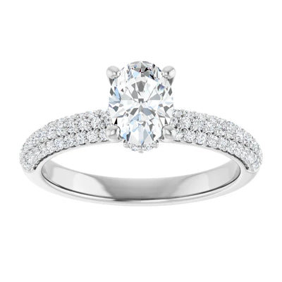14K White Gold Oval Engagement Ring with 3/4 CT Center and 1 CTW Pave Diamond Band