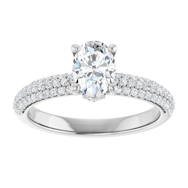 14K White Gold Oval Engagement Ring with 3/4 CT Center and 1 CTW Pave Diamond Band