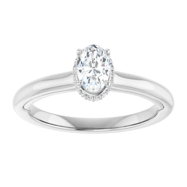 14K White Gold Oval Engagement Ring with 3/8 CT Center and Hidden Halo